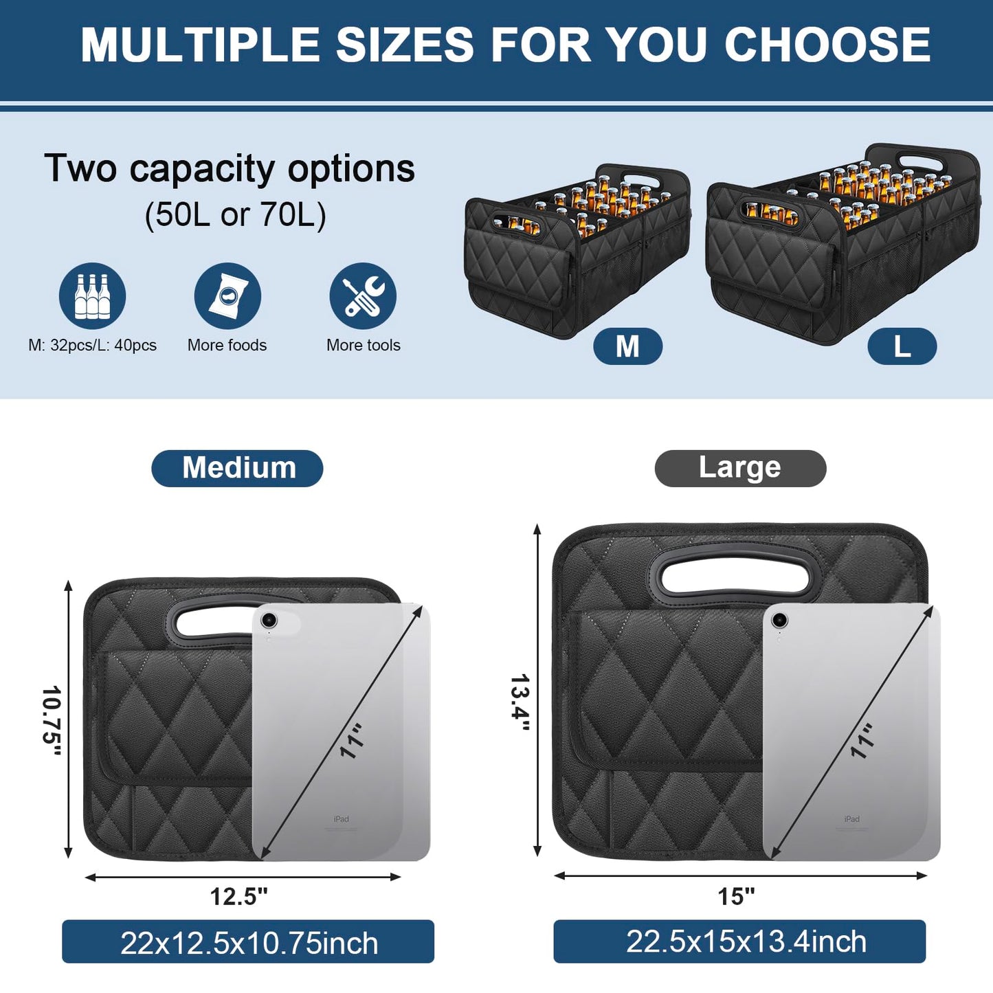 Deosk Car Trunk Organizer for SUV, Car Organizers and Storage with Reinforced Handles, Car Accessories for Women/Men 50LWaterproof Polyester Trunk Organizer, Black