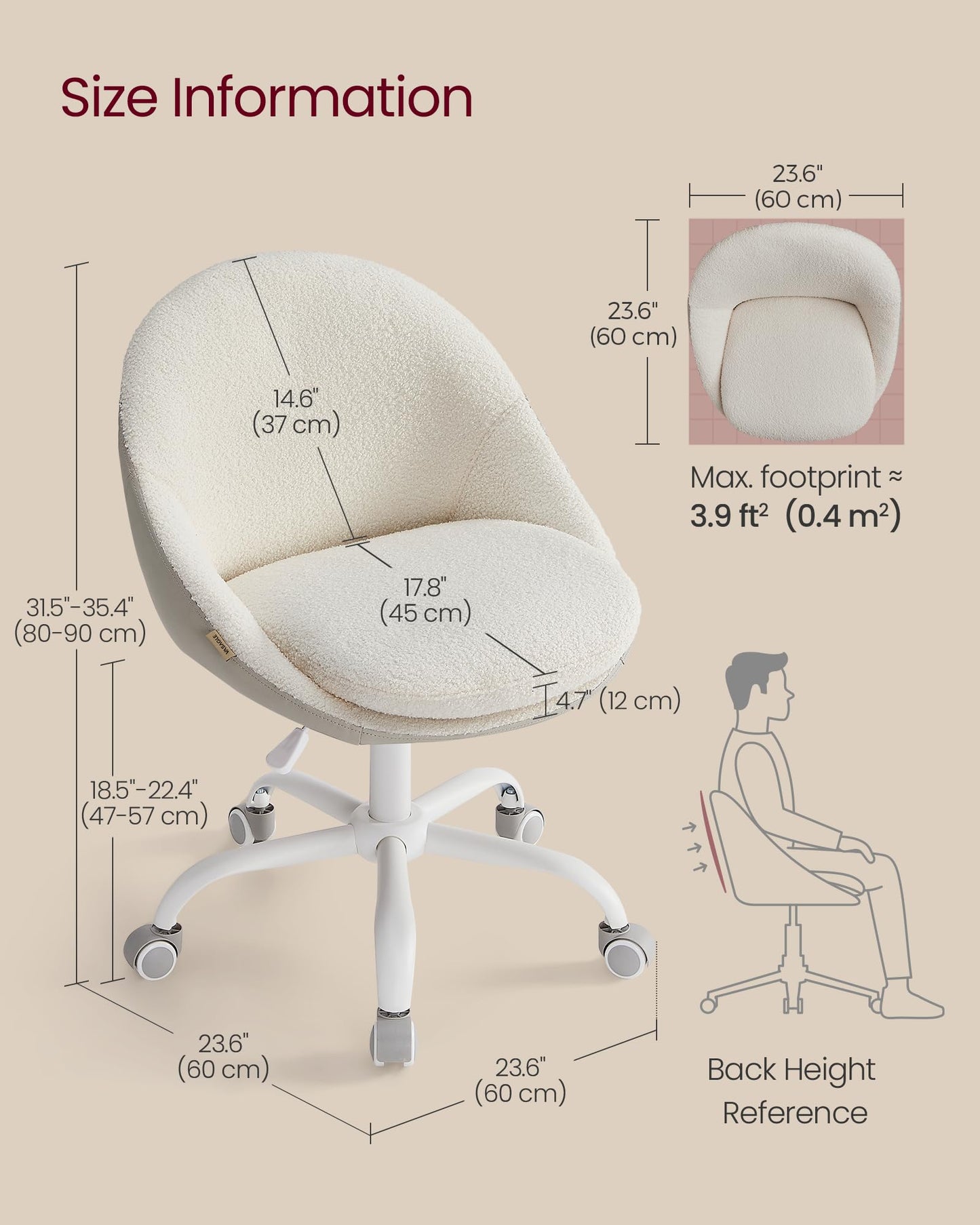 VASAGLE Vanity Chair with Back, Adjustable Swivel Cute Desk Chair with Wheels, Sherpa and PU Leather for Lumbar Support, Compact for Small Spaces, Bedroom, Cappuccino Beige and Cloud White UOBG020W91