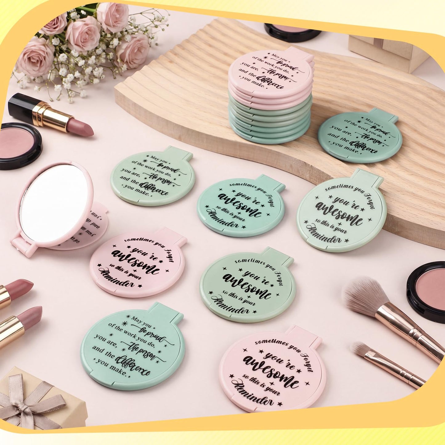 Wenqik 64 Pcs Inspirational Mini Compact Mirrors Bulk, Women Small Gifts Bulk, Group Team Party Favors, Mini Pocket Purse Mirror for Travel, Client, Guest, Wedding, Birthday, Cheerleader (Soft Pastel)
