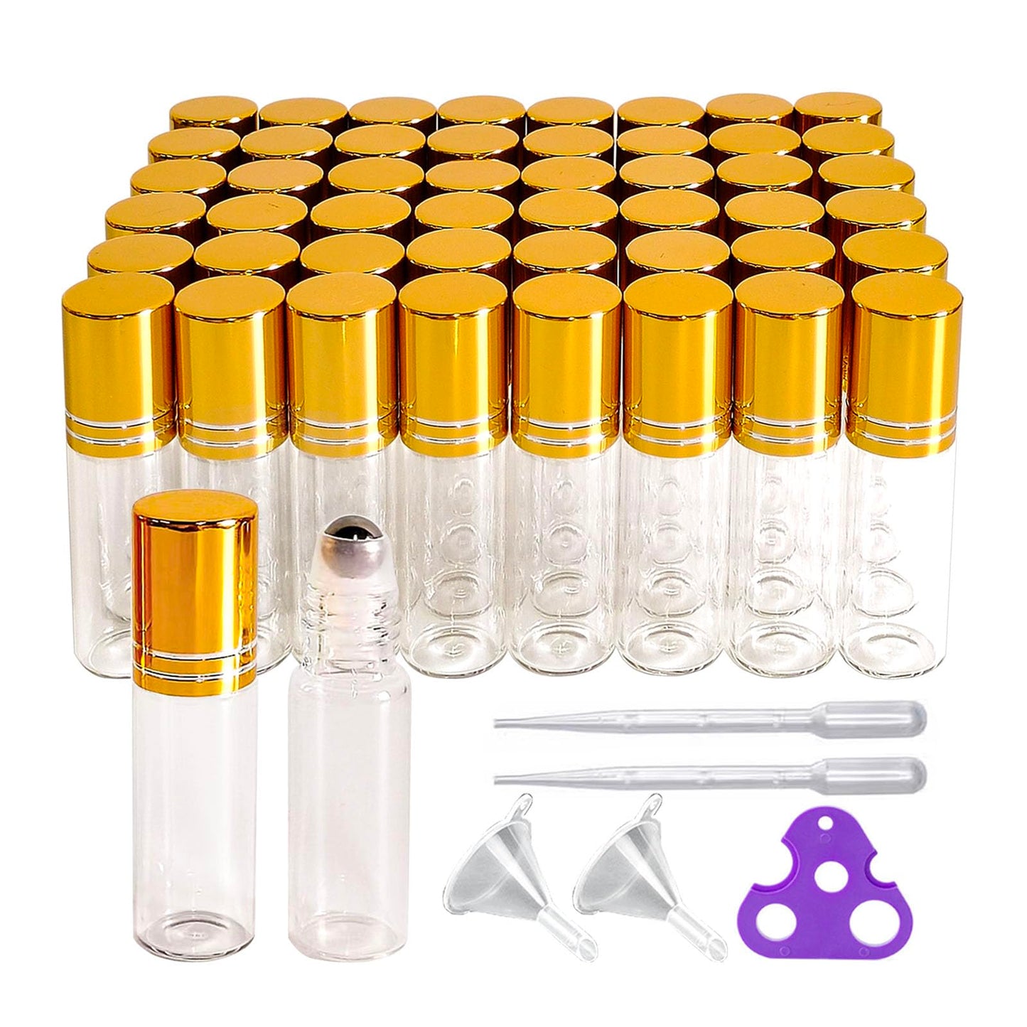 PYAWI 50 PCS 5ml Clear Glass Essential Oil Roller Bottles with Stainless Steel Roller Ball,Gold Caps,for Travel Perfume-2 Funnels, 2 Dropper, 1 Opener (5ml)