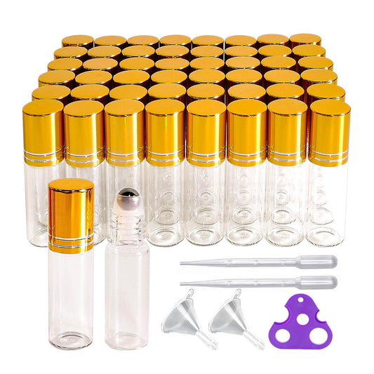 PYAWI 50 PCS 5ml Clear Glass Essential Oil Roller Bottles with Stainless Steel Roller Ball,Gold Caps,for Travel Perfume-2 Funnels, 2 Dropper, 1 Opener (5ml)