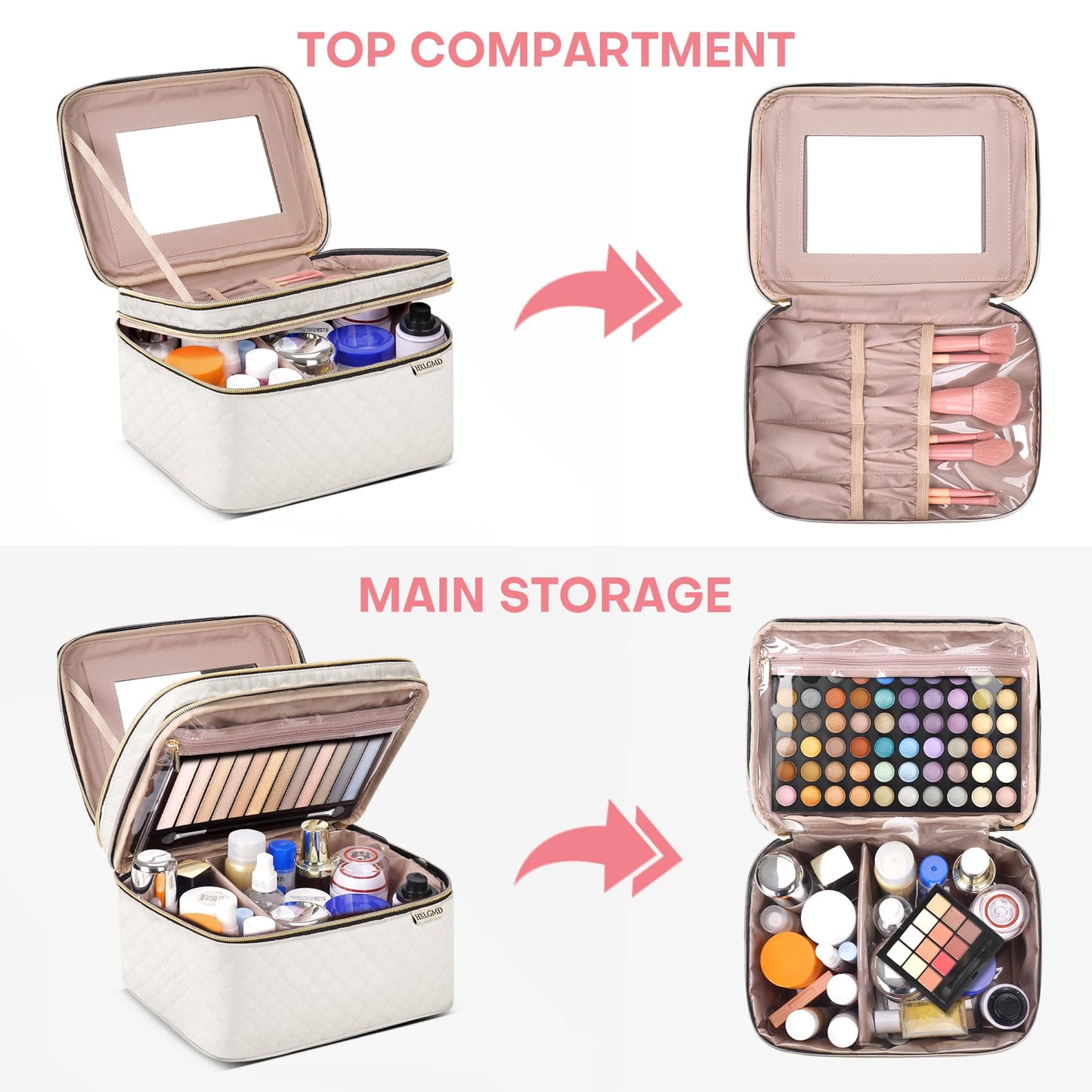 HXLGMD Large Makeup Bag with Mirror Double Layer Travel Make Up Organizer Case, Large Capacity Coemetic with Brush Slot Divider, Travel Toiletry Bag for Women - White/Beige
