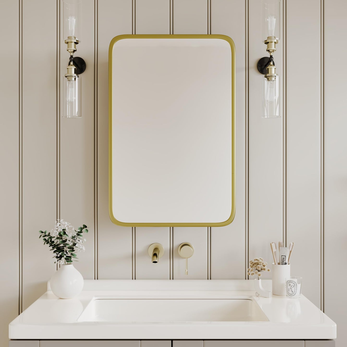 AGDULL Vintage-Style Bathroom Medicine Cabinet, Surface Mount or Recessed, Wood Wall Cabinet with Brushed Gold Metal Frame Curved Mirror, Overall 16.5" W x 24" H