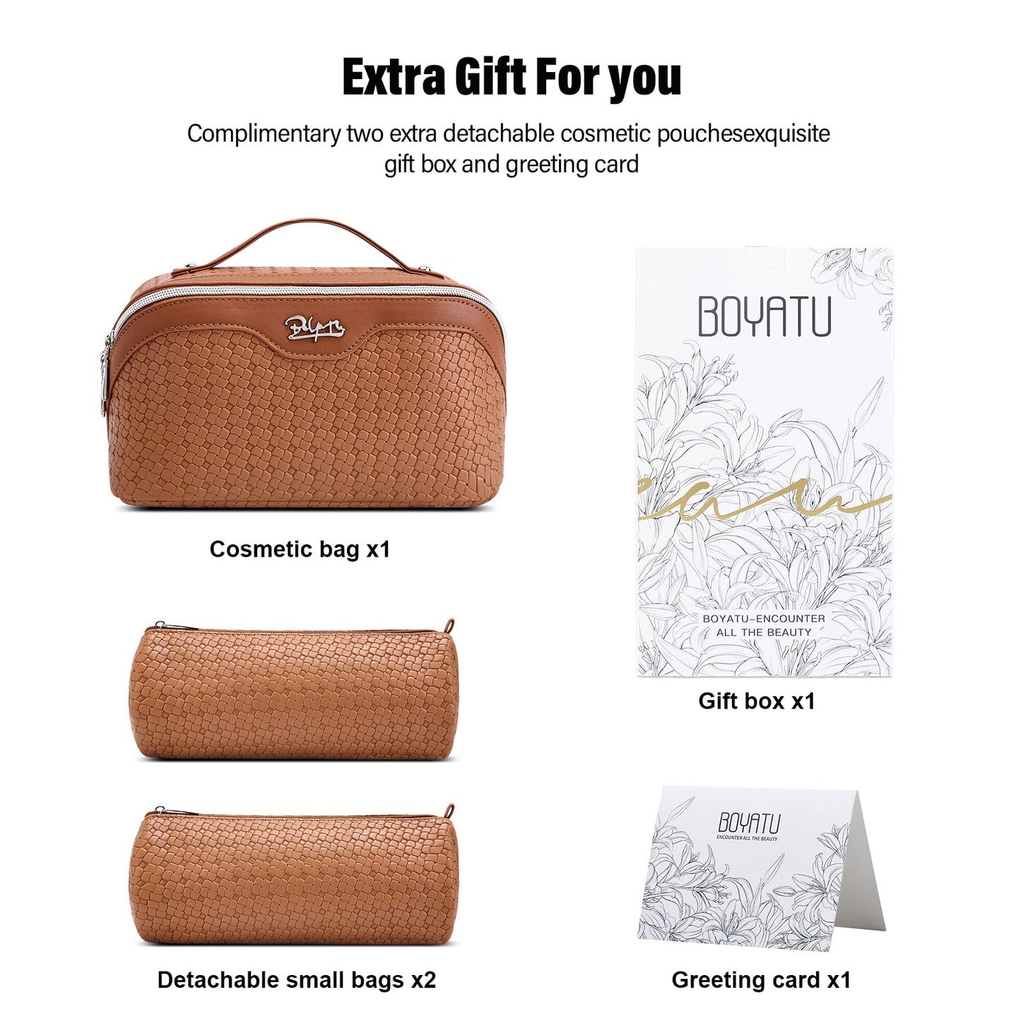 BOYATU Travel Makeup Bag Cosmetic Bags for Women: Large Capacity 3 Pcs Set Make up Bag with Compartments - Waterproof Vegan Leather Toiletry Organizer Bags with Handle (L53Brown)