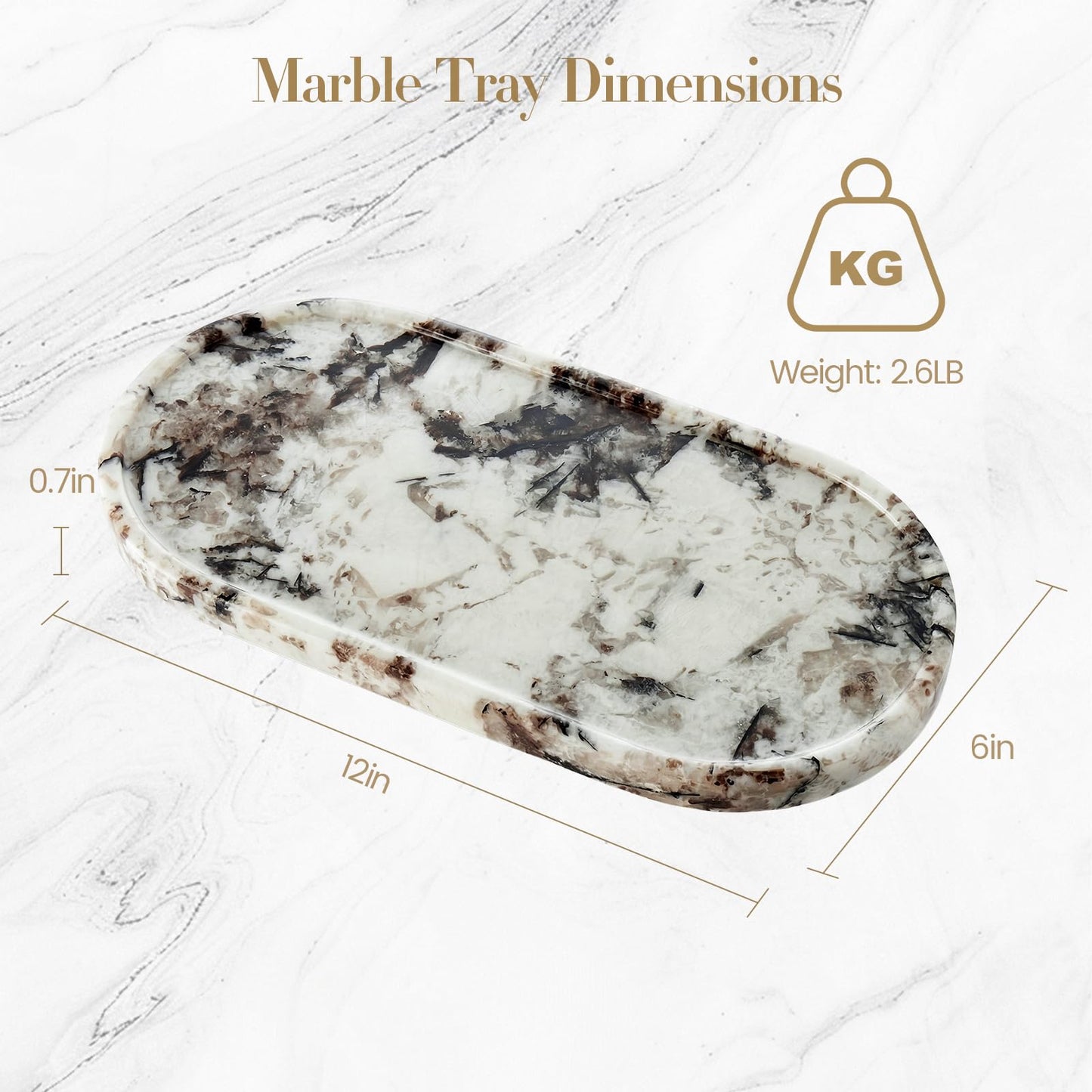 Natural Marble Tray Bathroom Tray, Luxury Decorative Trays for Bathroom, Vanity, Dresser, Kitchen & Home Decor, Valentine's Day House Warming Gifts New Home (Gold)