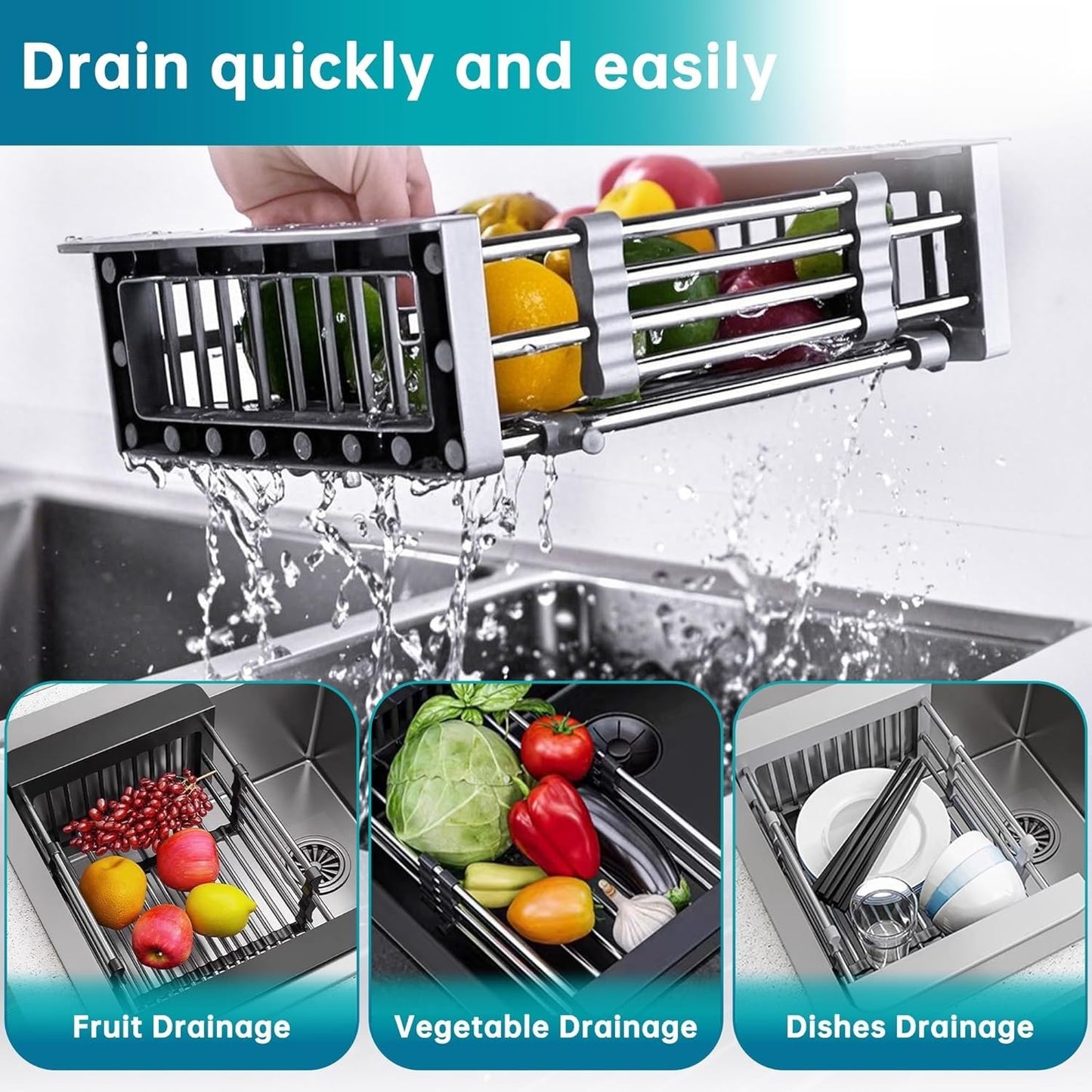 TUTEW Dish Drying Rack, Over The Sink Dish Drying Rack, Stainless Steel Dish Drainer with Adjustable Arms Holder Functional Kitchen Sink Organizer for Vegetable and Fruit