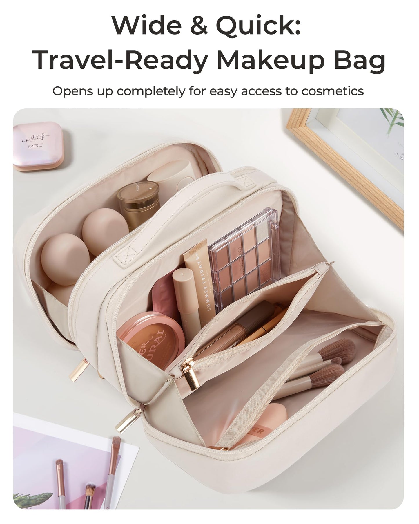 BAGSMART Travel Makeup Bag Large Capacity Cosmetic Bag, Wide-open Portable Make Up Bag Organizer for Women for Travel Essentials Travel-Size Toiletries Accessories Bottles, Brushes (Warm Gray)
