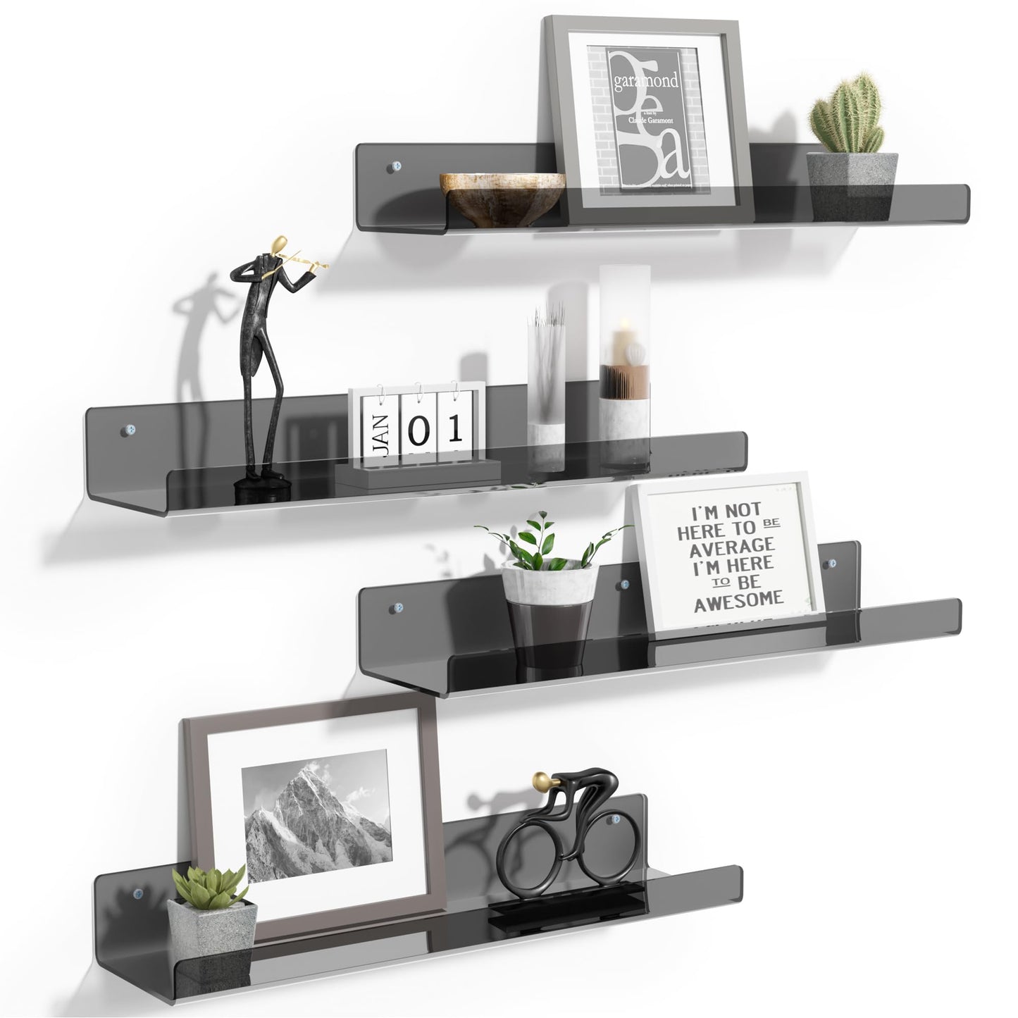 upsimples Acrylic Shelves for Wall Decor, 15" Display Shelf Perfume Organizer for Bathroom, Bedroom, Living Room, Floating Bookshelves for Kids, Clear Black, 4 Pack