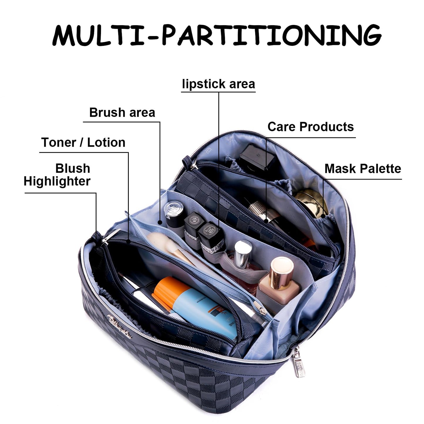 BOYATU Travel Makeup Bag Organizer: 3 Pcs Set Large Capacity Cosmetic Bags Holds 10–20 100ml Full-Size Bottles - 180°Open-Flat Make up Case 3-sec touch-up - Toiletry Bag Gift women (03-A-Dark Blue)