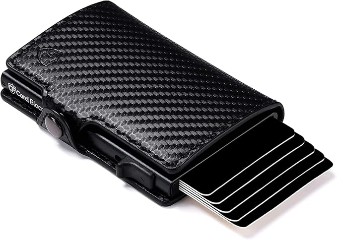 Card Blocr Pop Up Credit Card Wallet, RFID Blocking Credit Card Holder for men, Cool Wallets for Men in Carbon Wallet Design, Compact Card Holder Wallet for Secure Storage (Black PU Carbon Fiber)