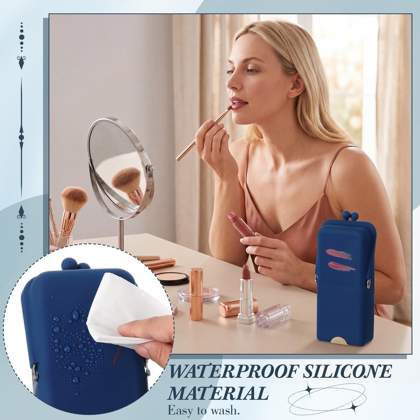 Kacctyen Makeup Brush Case Silicone Makeup Brush Holder Standing Silicone Make up Travel Bag Portable Cosmetic Case Organizer with Suction Base and Phone Stand Pouch for Travel Home Use (Navy)