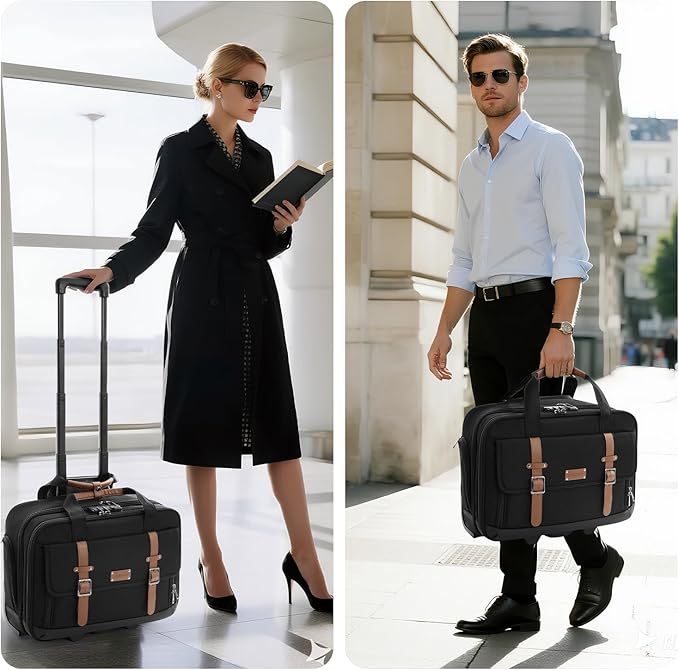 Rolling Laptop Bag, Briefcase for Men and Women, 17 Inch Computer Bag with Wheels Underseat Carry on Luggage, Laptop Briefcase Case for Work, Travel, College Teacher, Mobile Office Bag, Brown