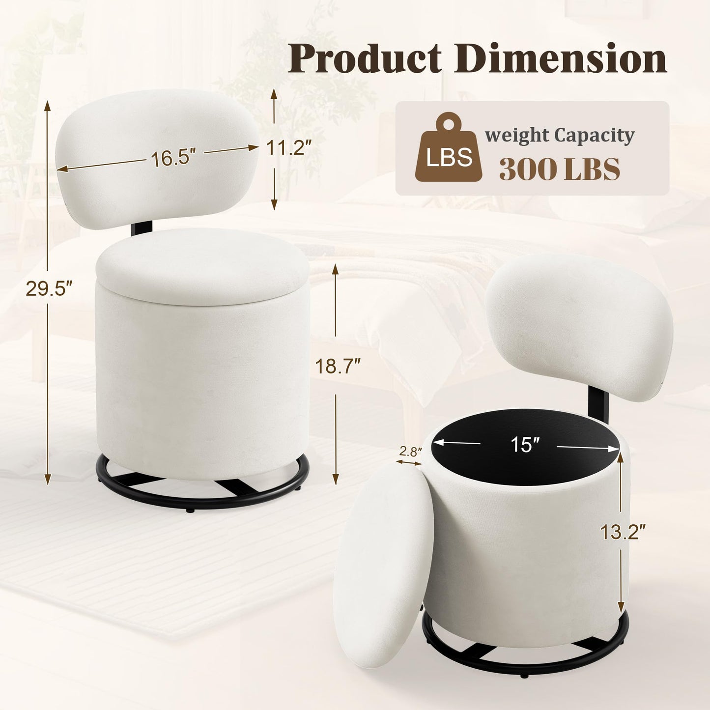 LIVELYGLOW White Velvet Swivel Vanity Chair with Storage Makeup Stool
