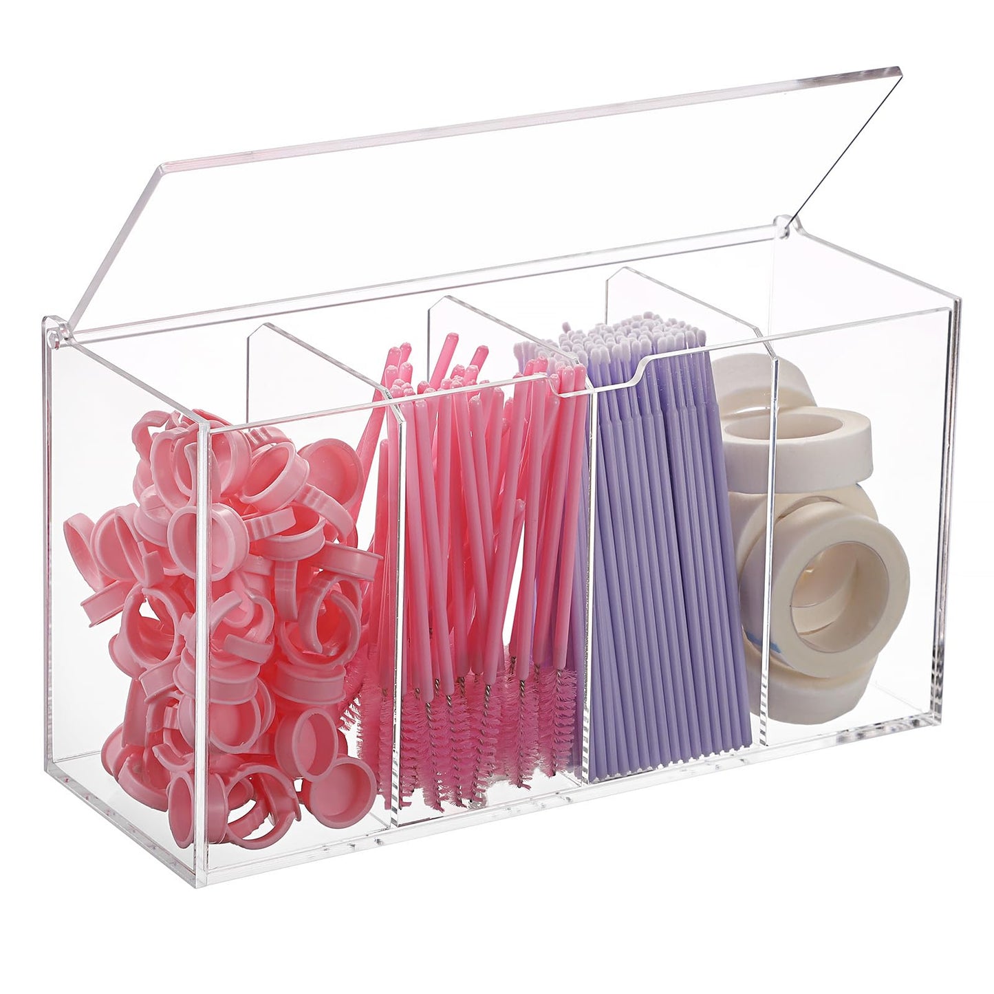ELLDOO Lash Extension Organizer Box with Lid, Acrylic Eyelash Supplies Organizer Storage Box, 4 Compartments Bathroom Supplies Storage Container for Cotton Swabs, Balls, Pads, Floss Picks