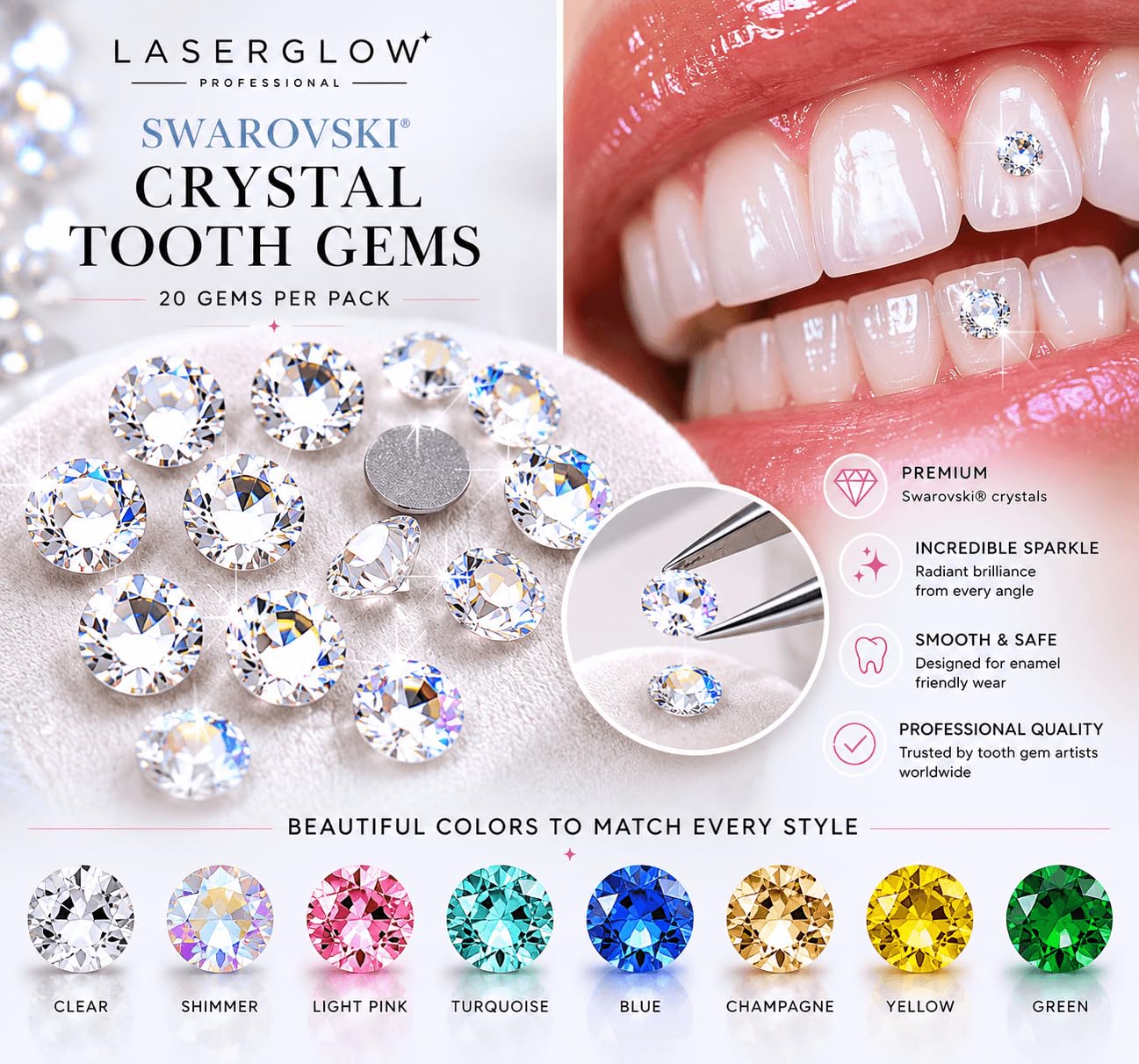 Tooth Gems for Teeth – 20 Count 2.2mm Cherry Red Dental Crystals, Tooth Jewelry for Smile Decoration, Tooth Gem Kit Refill Supplies for DIY & Professional Use – LaserGlow