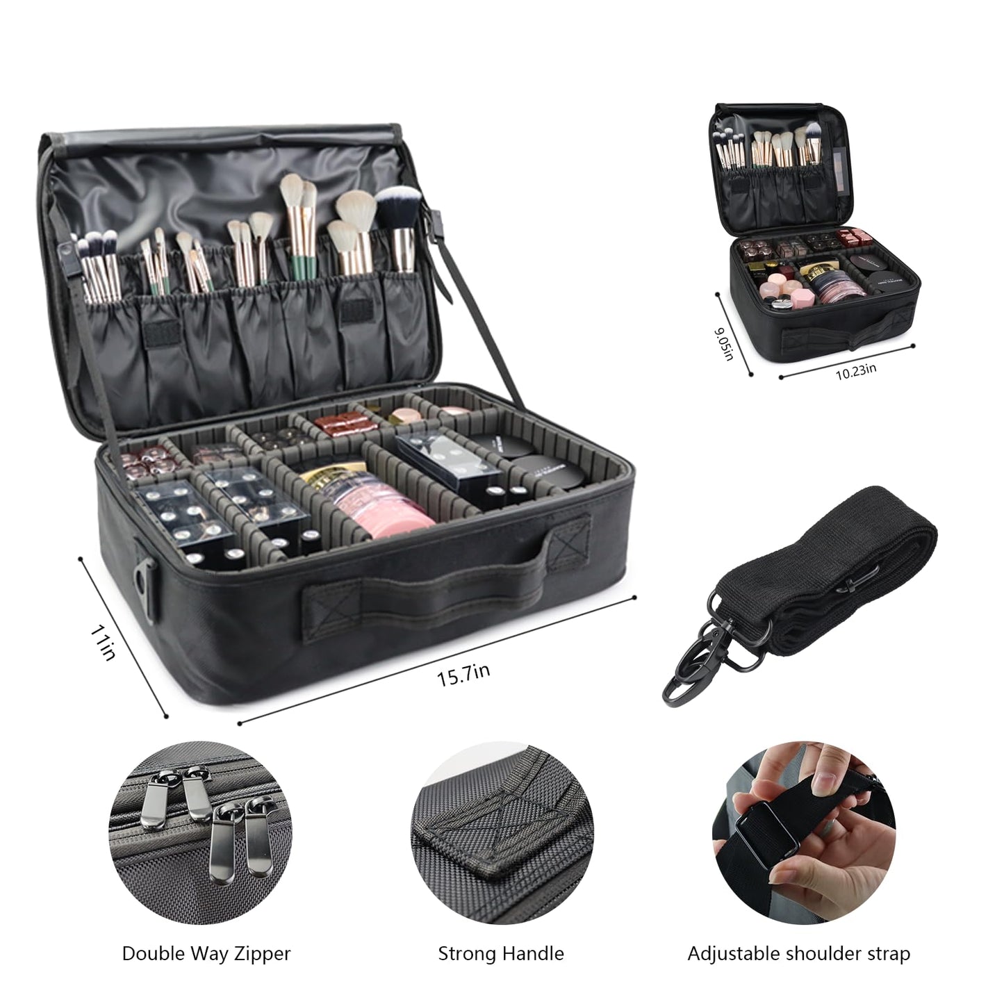 MORMID Travel Makeup Train Case Cosmetic Case Organizer Portable Artist Storage Bag with Adjustable Dividers for Cosmetics Makeup Brushes Toiletry Jewelry Digital Accessories（black,L）