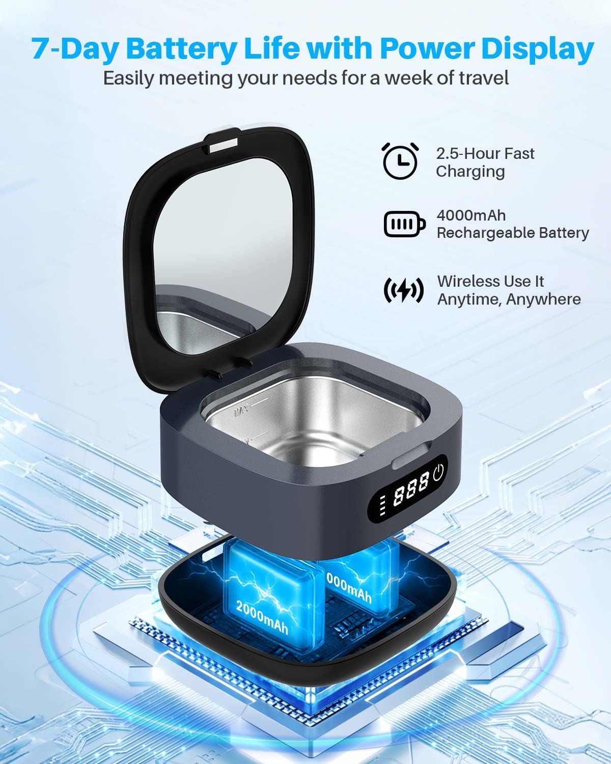 Voraiya Rechargeable Ultrasonic Retainer Cleaner, Portable Retainer Cleaner Machine, 52kHz Retainer Cleaner for Dentures, Night Guards, Mouth Guards, 166ml Dental Cleaning Pod with Mirror, 3 Modes