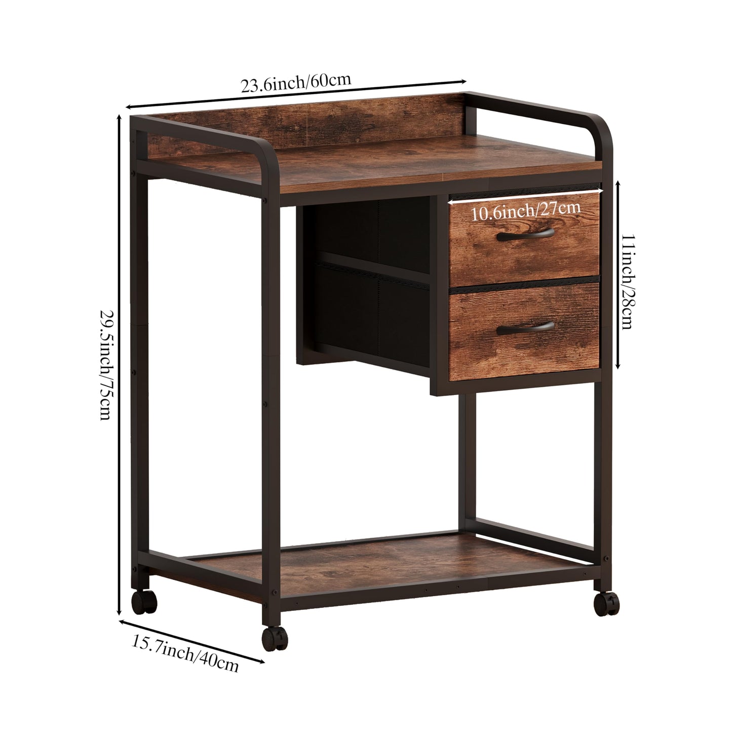 Unionly Large Printer Stand with 2 Fabric Drawers, Mobile Printer Table with Wheels and Computer Tower Slot for Home Office Storage and Organization, Rustic Brown (Rustic Brown)