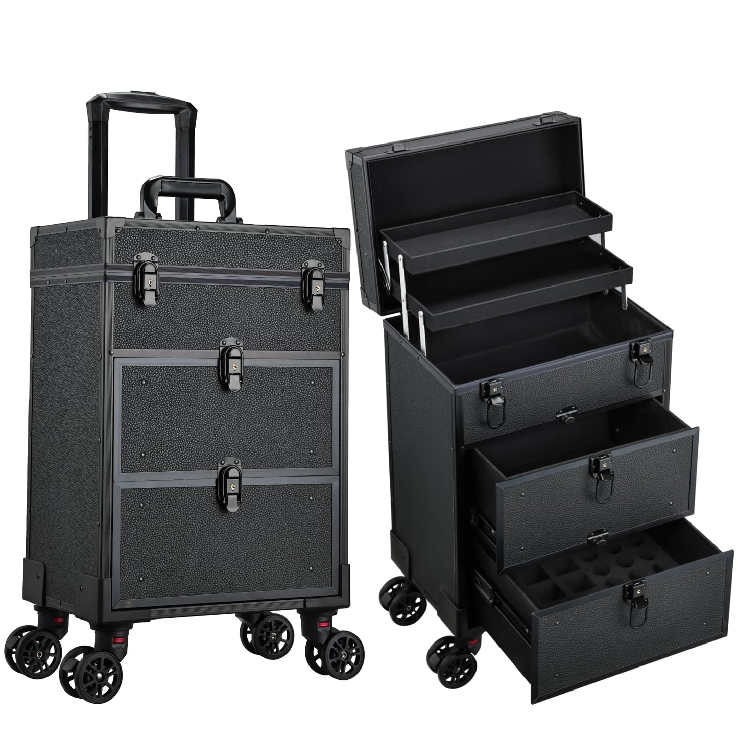 Yueieoun Rolling Makeup Train Case with 2 Large Drawers Cosmetology Case on Wheels Nail Carts Organizer Case Make Up Artist Tattoo Travel Case with Wheels Salon Trolley Black