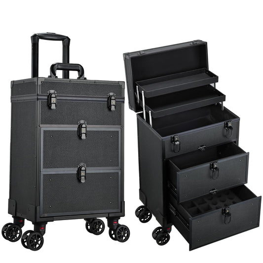 Yueieoun Rolling Makeup Train Case with 2 Large Drawers Cosmetology Case on Wheels Nail Carts Organizer Case Make Up Artist Tattoo Travel Case with Wheels Salon Trolley Black