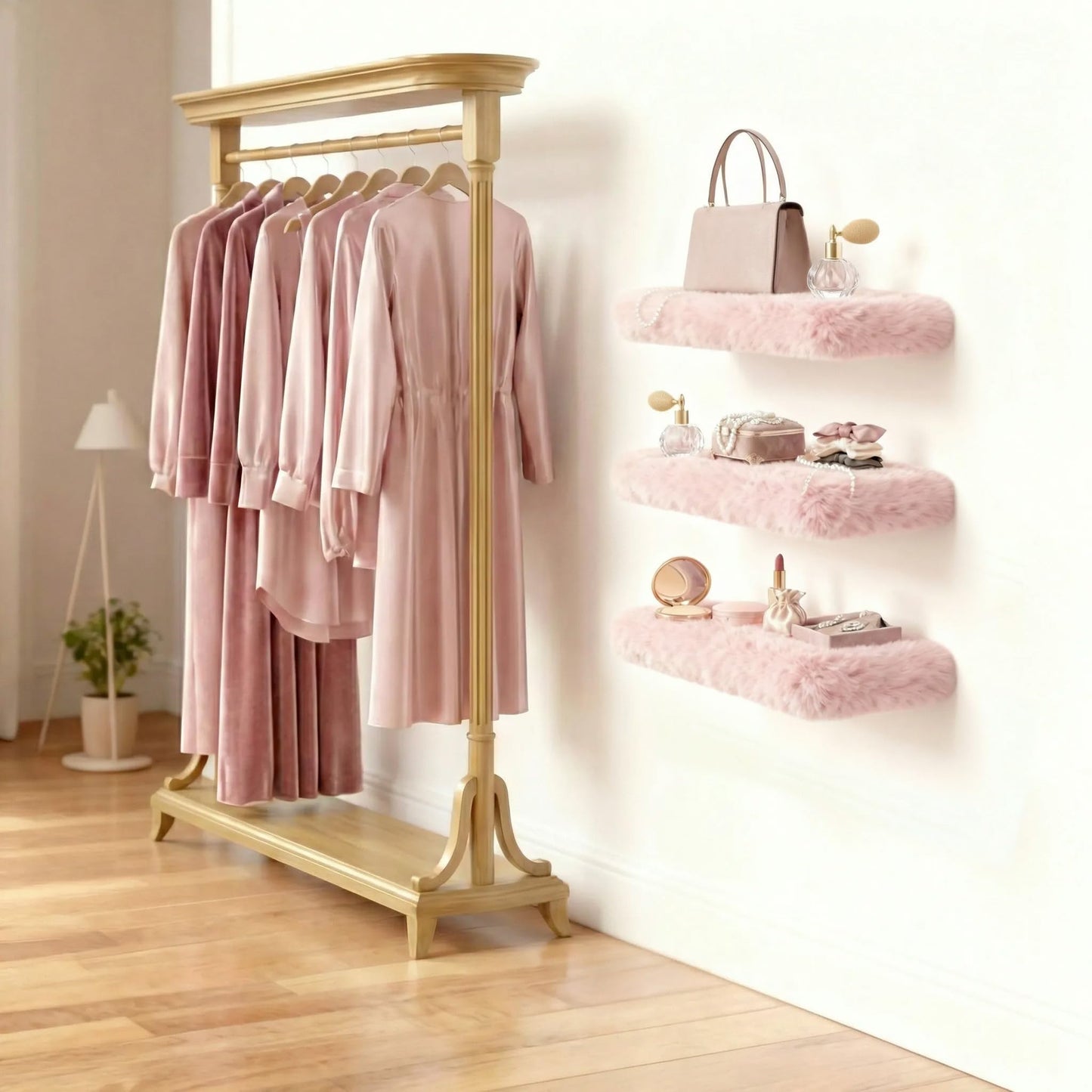 Furry Floating Shelves for Wall,2 Pack Wood Shelf with Plush Soft Shag Cover, Wall Mounted Shelves for Bedroom, Living Room, Suitable for Storing Valuable Collectibles, High Heels, Bags, Jewelry, Pink