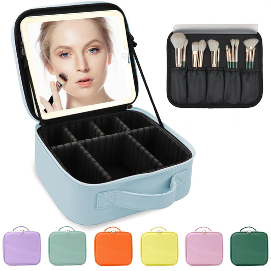 MORMID Makeup Bag with Led Mirror,Large Vanity Makeup Cases with 3 Color Setting,Portable Storage and Adjustable Dividers,for Women and Makeup Artists Cosmetic Organizer Travel Makeup Bag-Light Blue