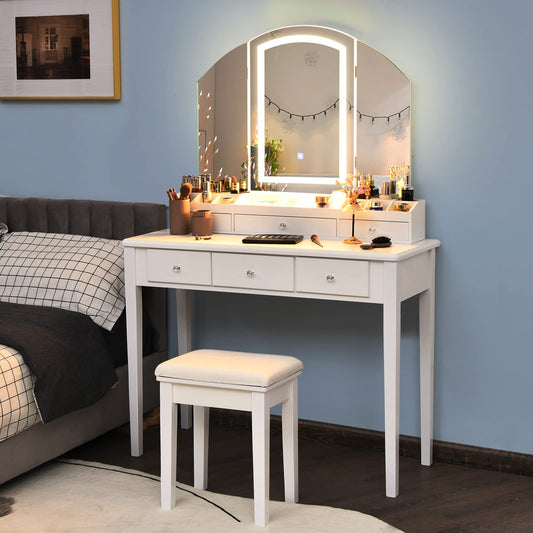 CHARMAID Makeup Vanity Desk with Lights and Mirror, Tri-Folding Lighted Mirror with 3 Color Modes, Vanity Table Set with 6 Drawers, 12 Storage Compartments & Cushioned Stool for Bedroom, White