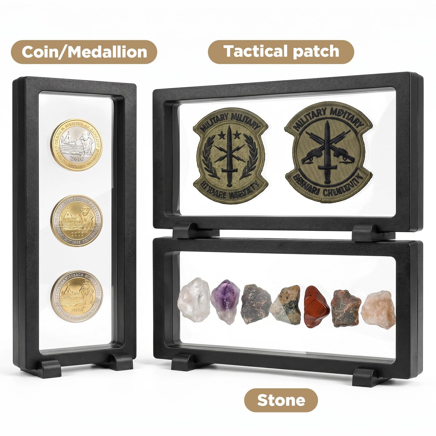 Kegeeei 10 PCS 3D Floating Display Case, Coins Display Stand Holder, Jewelry Storage Box, Black Suspension Frame for Challenge Coins, Medals, Fossils, Stamps, 9" x 3.54" x 0.79"