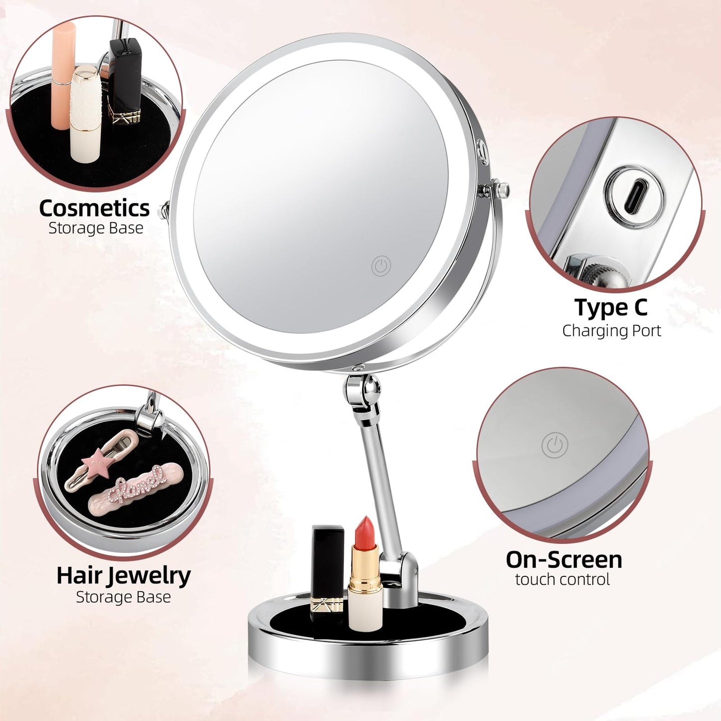 FFowcye 8" Rechargeable Lighted Makeup Mirror with Magnification, Adjustable Height & Brightness 1X/10X Double Side Magnifying Mirror with Light, 3 Color Lighting 360° Rotation Storable Base, Chrome