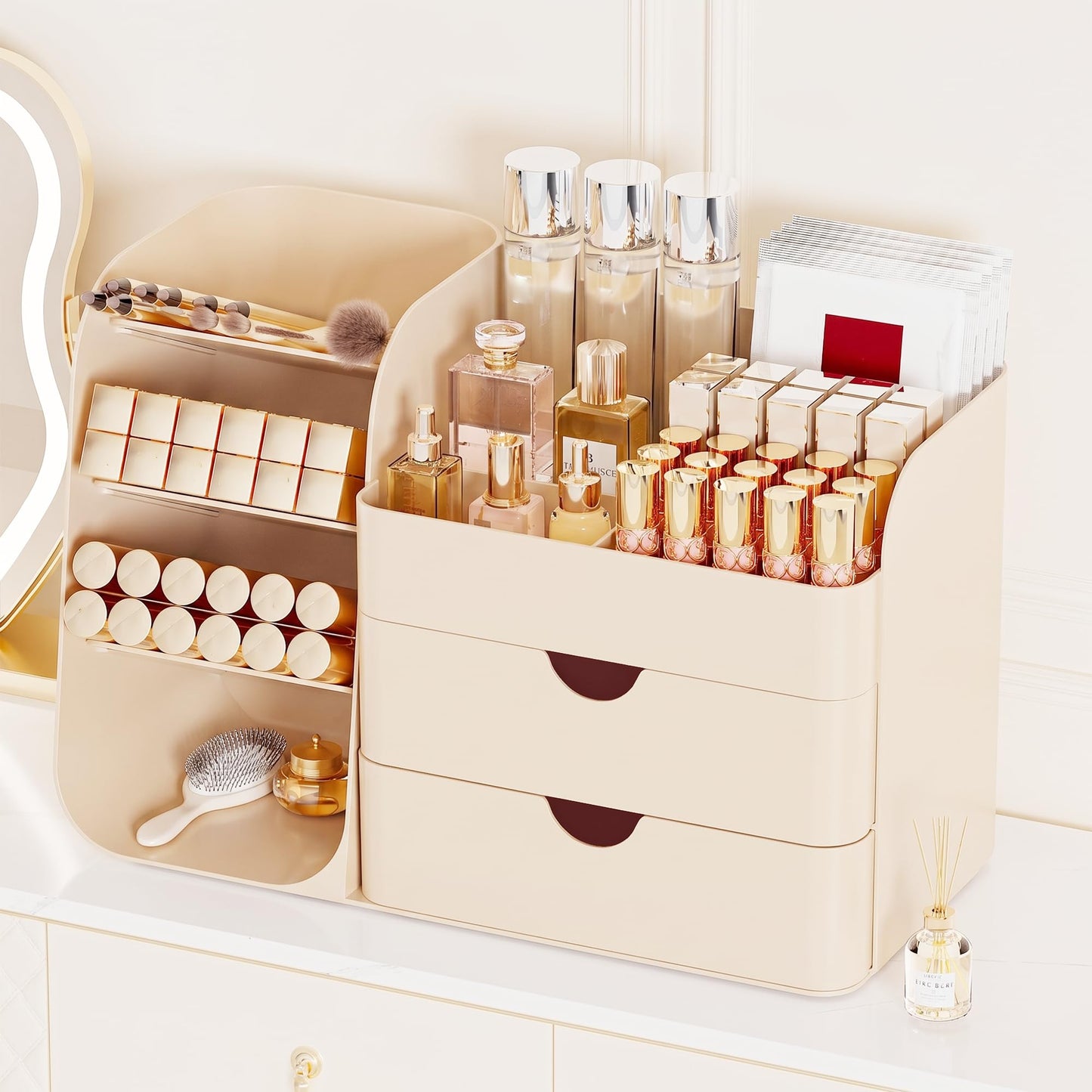 Booklov Makeup Organizer for Vanity, Countertop Cosmetic Display Case with Drawer, Bathroom Counter Beauty Caddy, Comfyroom Table Storage Holder for Skincare, Brush Eyeliner Eyeshadow Lipsticks, Creem
