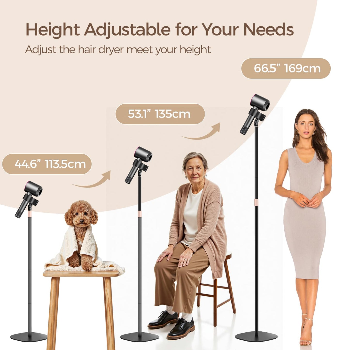 Hair Dryer Stand, 1.68M Height Adjustable Blow Dryers Holder, Ultra Stable Holder with 360° Rotating, Universal Clips, Work with All Dryer, Floor Dryer Stand for Salons or Home Use