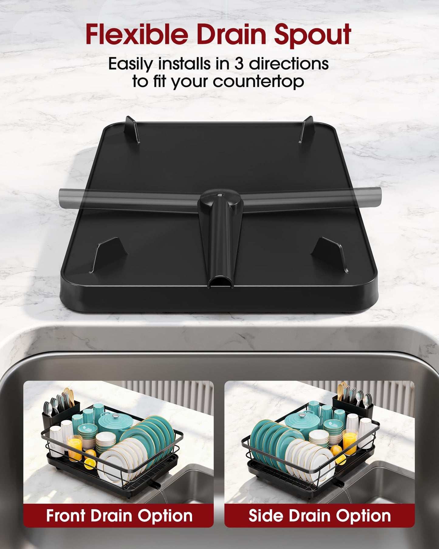 Sakugi Dish Drying Rack - Stainless Steel Dish Rack with Drainboard for Kitchen Counter and Sink, 15.6" D x 12" W x 5" H, Black