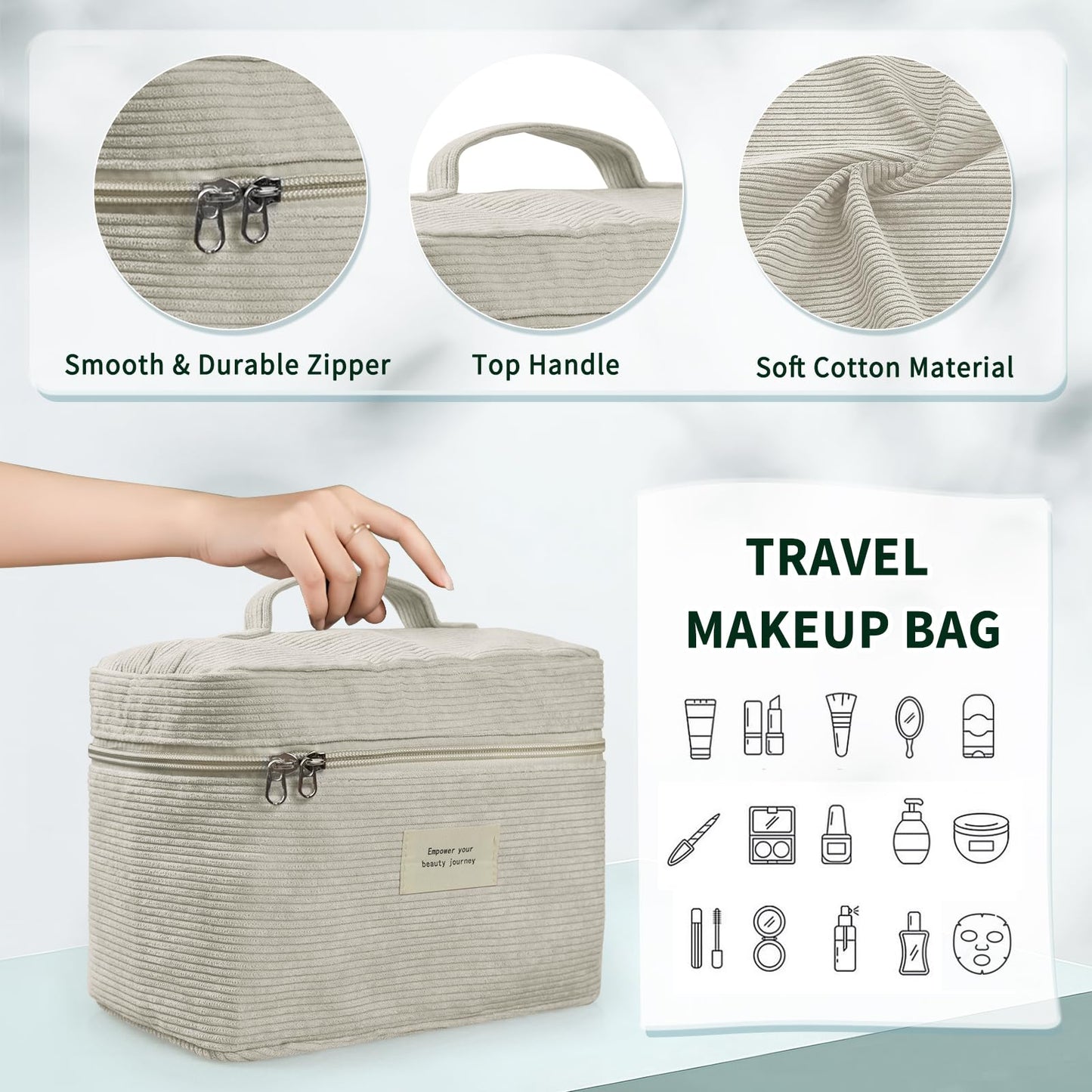 LVWNM 4 Pcs Makeup Bag for Women Corduroy Cosmetic Bag Aesthetic Cute Bags Multi Size Purse Pouch Travel Toiletry Bag Set Makeup Organizer with Zipper(Beige)
