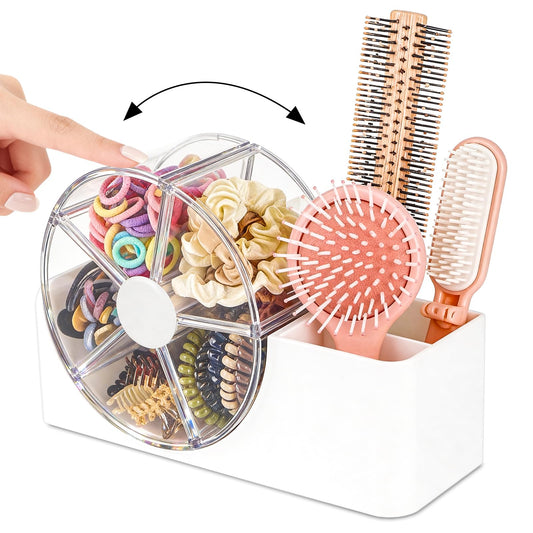 Hair Accessories Organizer for Girls, 2-Slot Hair Brush Holder & 5-Section Rotating Wheel, Cute Makeup Brush Holder for Hair Tile, Clip, Makeup Brush, Earring, Ring, Kids Vanity Accessories (White)
