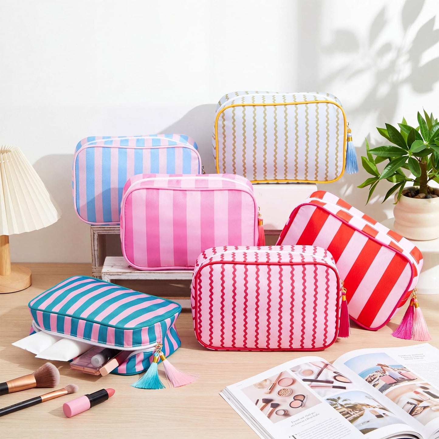 Kacctyen 6 Pack Mixed Color Striped Makeup Bag bulk with Tassel Travel Cosmetic Pouch Organizer Large Zipper Toiletry Case for Women Aesthetic Storage Pouch Mahjong Tile Bag