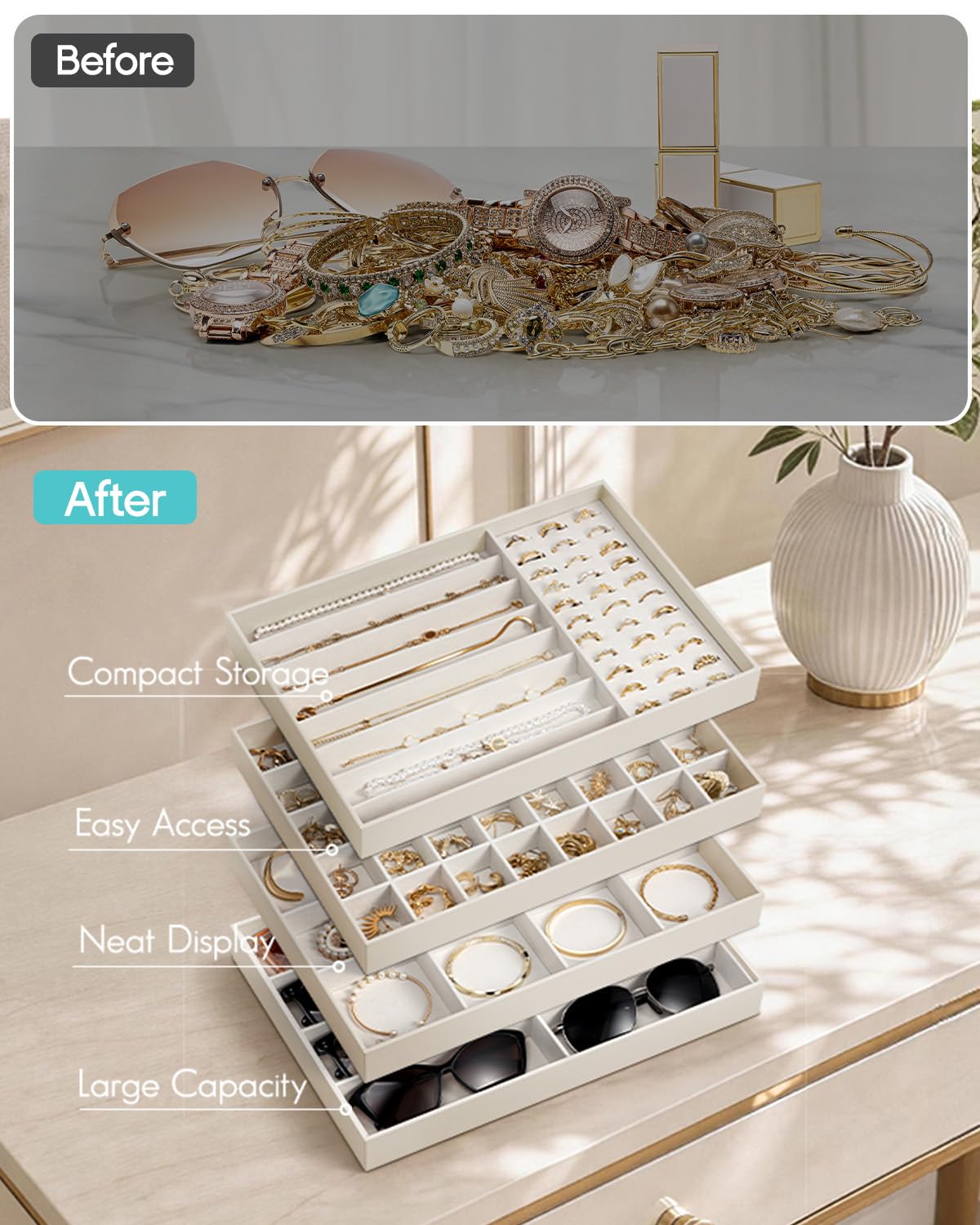 VLANDO Stackable Jewelry Tray, 40-Grid, Soft Velvet, Removable Dividers