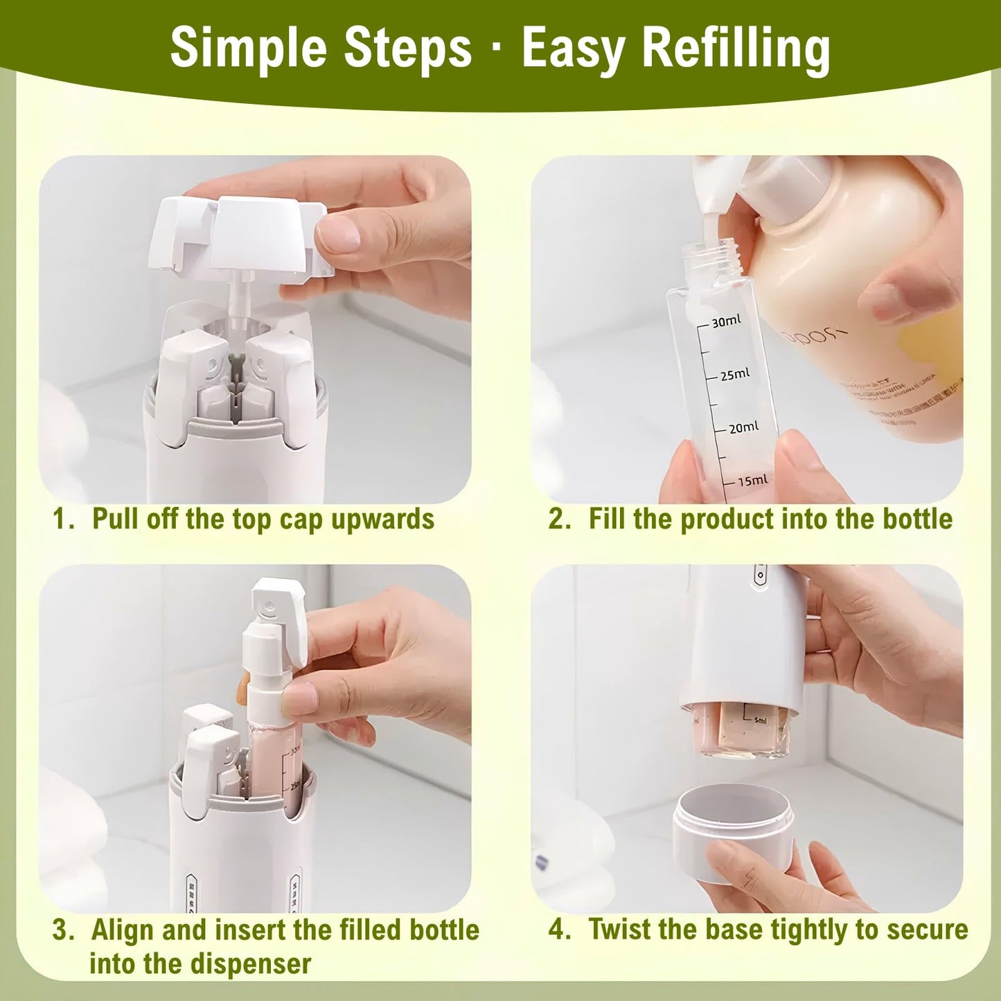 4 in 1 Travel Dispenser,Travel Shampoo and Conditioner Bottles,Refillable Leak Proof Containers Toiletries for Business Travel and Vacation 120ML (Green 1)