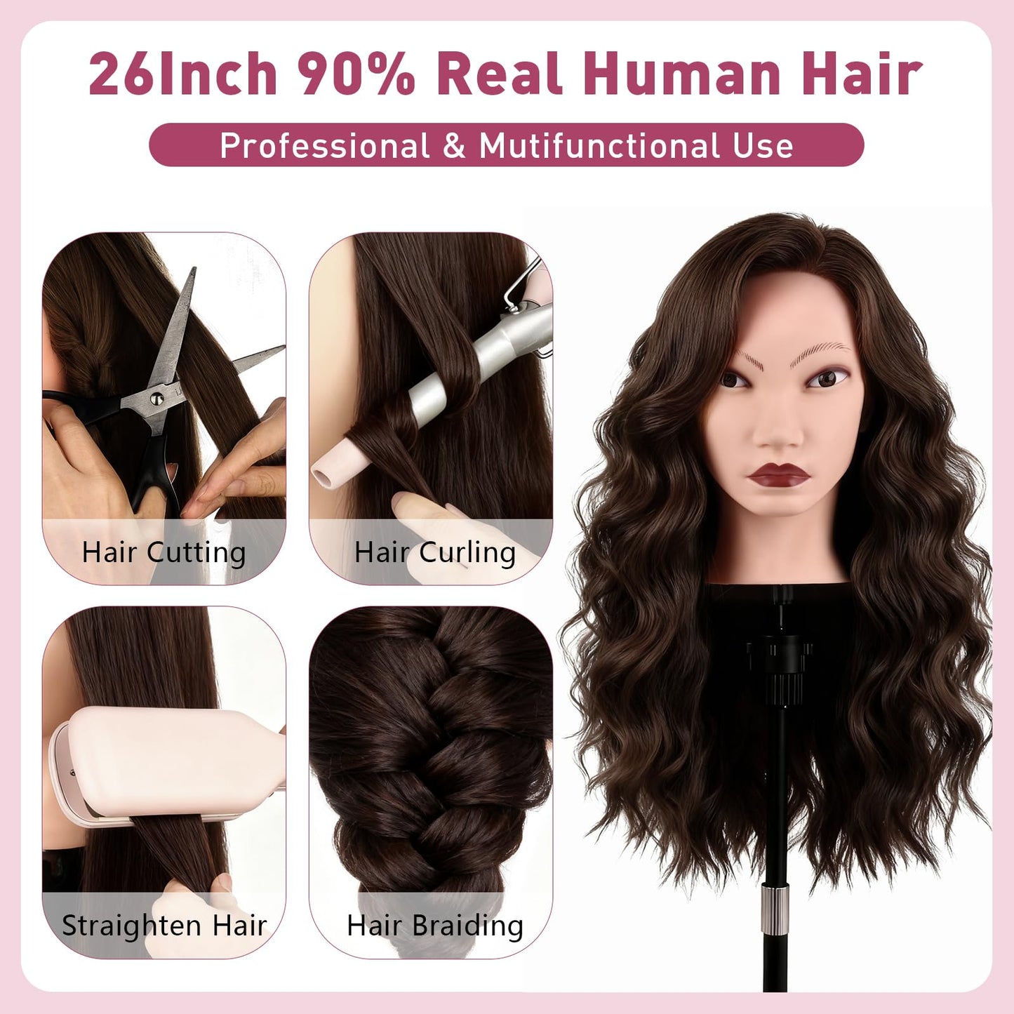Mannequin Head with 90% Human Real Long Hair, Cenoz 26" Hairdresser Cosmetology Training Head with Stand and Tool, Manikin Training Practice Head, Doll Head for Hair Styling Braiding DIY（Dark Brown）