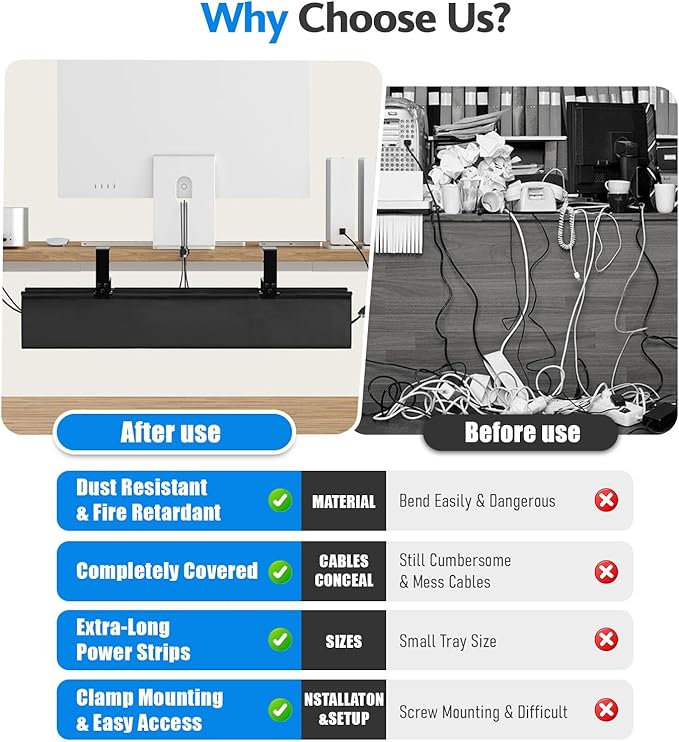Under Desk Cable Management Tray No Drill, Premium Fabric Cord Organizer for Table - Desk Cable Organizer Cable Tray Hiders for Office&Home (27.5″L x 13.7" W)