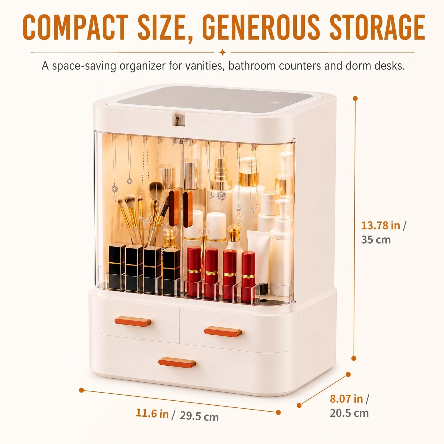 Mwykzrt Makeup Organizer with LED Mirror, Cosmetic Display Cases, Off White