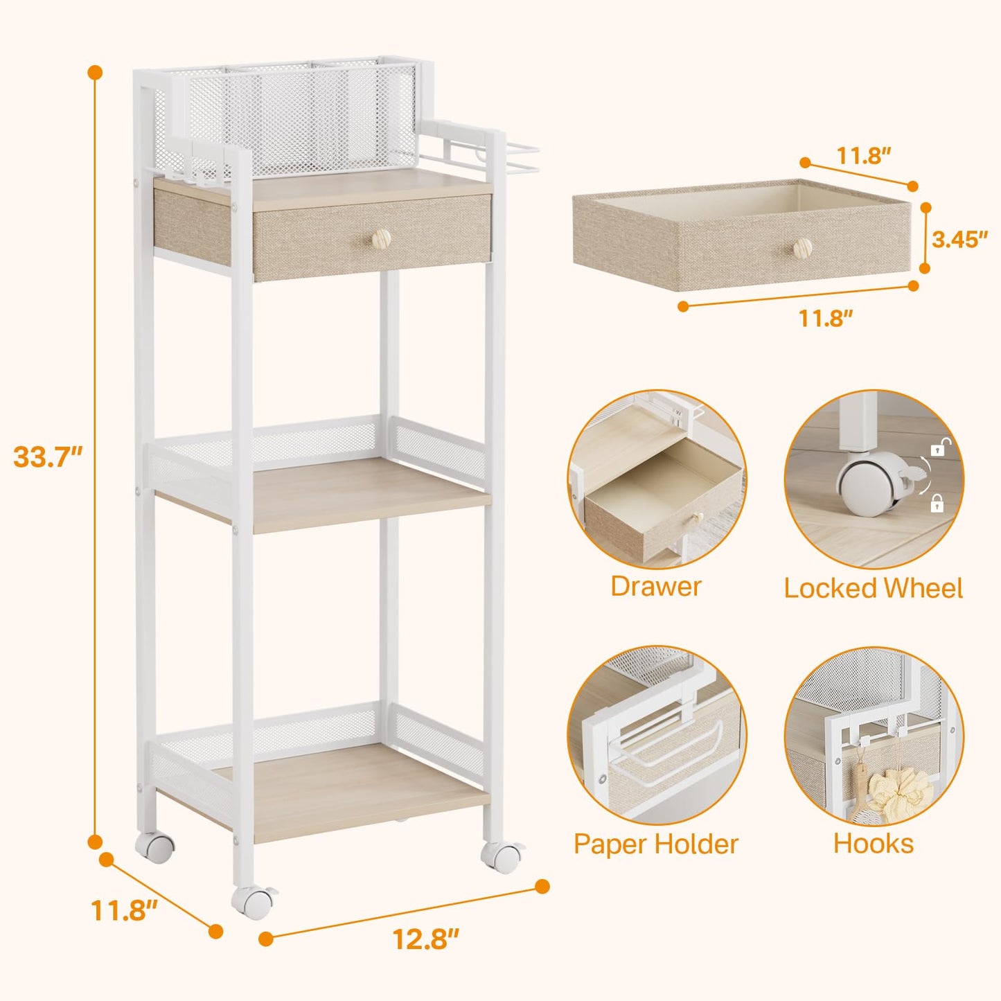 FURFUN 3 Tier Bathroom Shelf with Drawer, 12.8in Large Floor Makeup Organizers Cosmetics Display Cases Holder for Hair Tool, Skincare, Kitchen, Bathroom, Laundry Room Organization