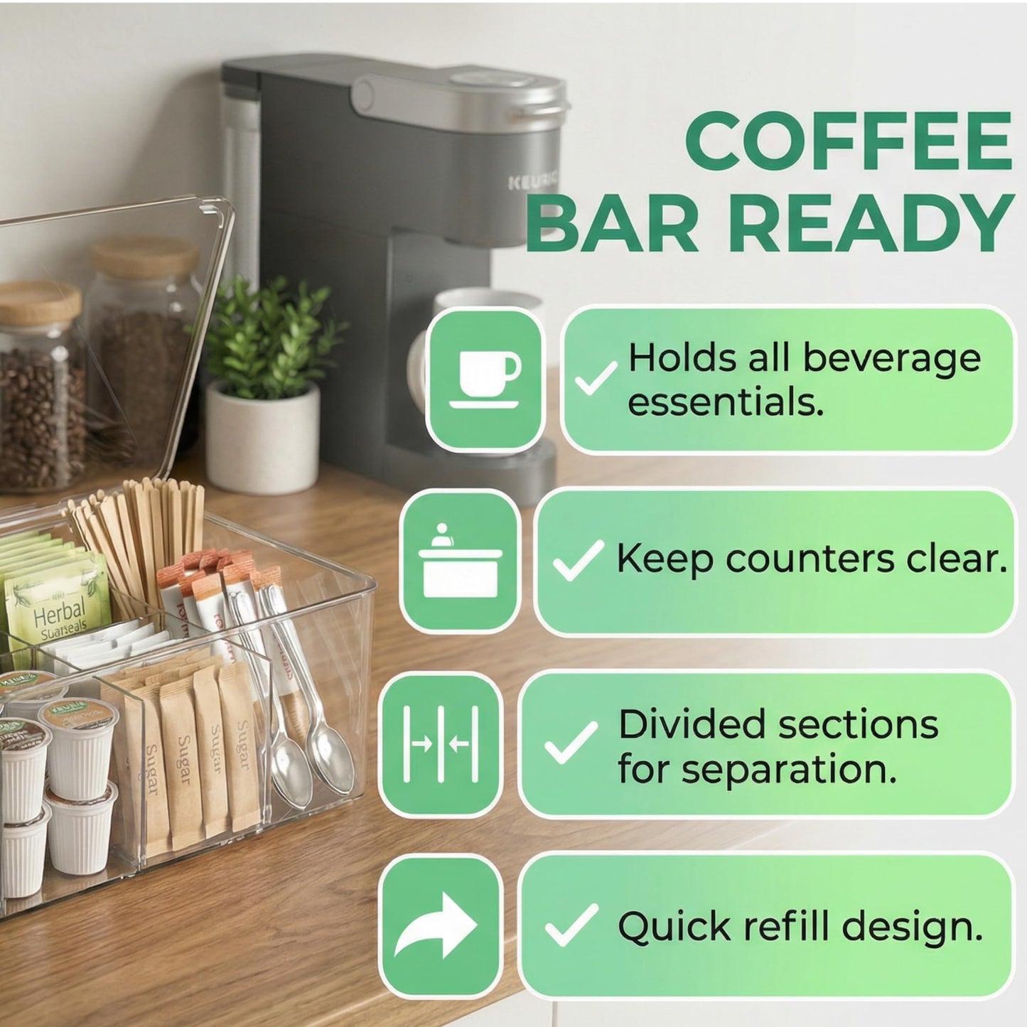 Tea Bag Organizer - Clear Acrylic Tea Storage Box with 8 Adjustable Compartments & Stackable Design for Pantry, Kitchen & Coffee Station - Versatile Tea Bag Holder with Lid