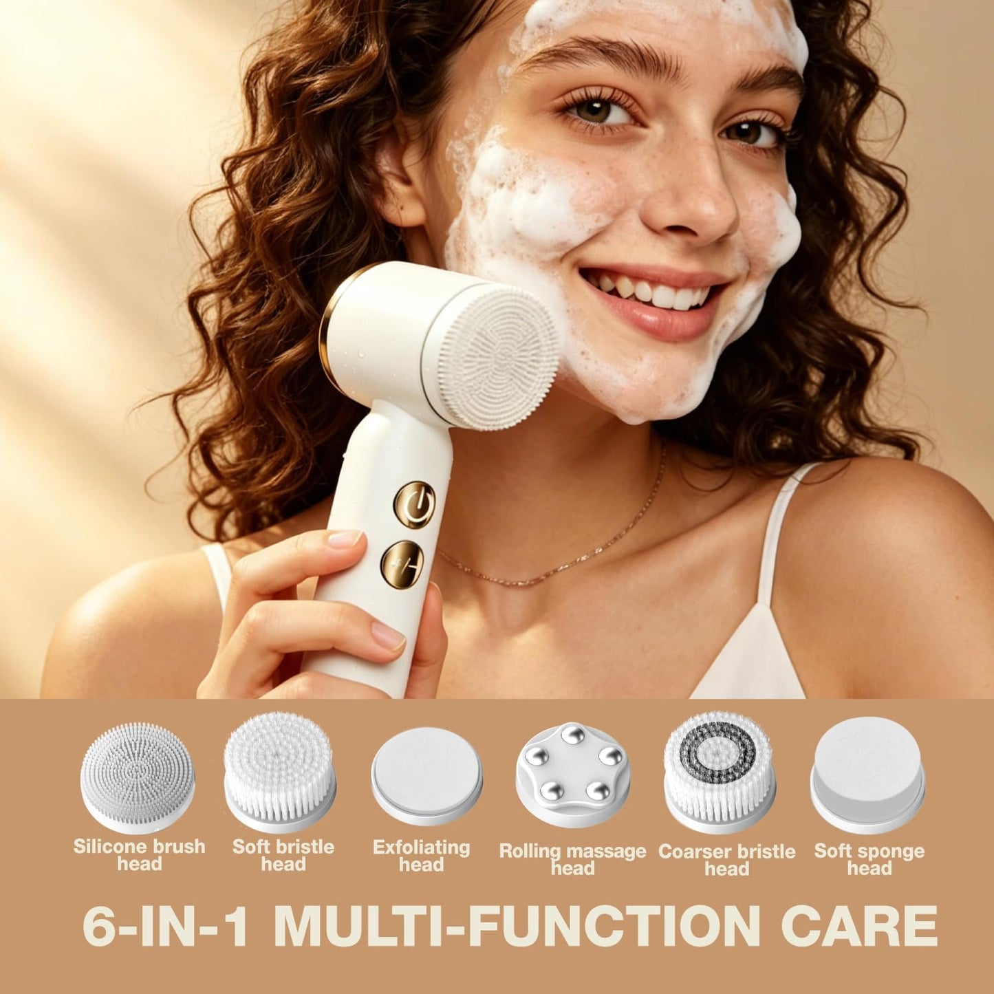 Jellystar Facial Ceansing Brush with Led Display - 6-in-1 Exfoliating Kit, 3 Speeds, IPX6 Waterproof Electric Face Wash Brush for Deep Cleaning, Massage & Gentle Exfoliation-Milk White