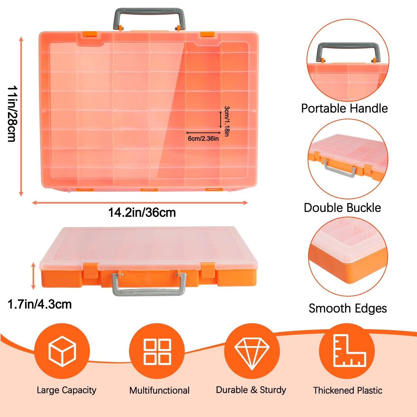 Bluedale 48 Grids Large Plastic Organizer Box with Adjustable Dividers, Beads Storage Containers Compartment Tackle Box Case for Crafts Hobby Small Parts Fishing Seeds Jewelry (Orange)