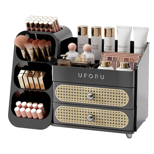 UFORU Makeup Organizer for Vanity with Brush Holder, Large Capacity Bathroom Countertop Skincare Organizer with 2 Drawers, Cosmetic Display Case for Perfumes, Eyeshadow Palettes, Nail Polishes