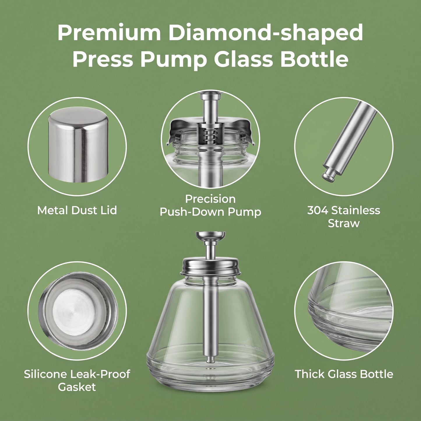 ibasenice Glass Push Down Pump Dispenser Bottle 6 Oz / 180 ml Diamond Shape Leakproof Press Bottle for Alcohol, Makeup, Lotion, Other Liquids Clear Refillable Empty Container with Cap