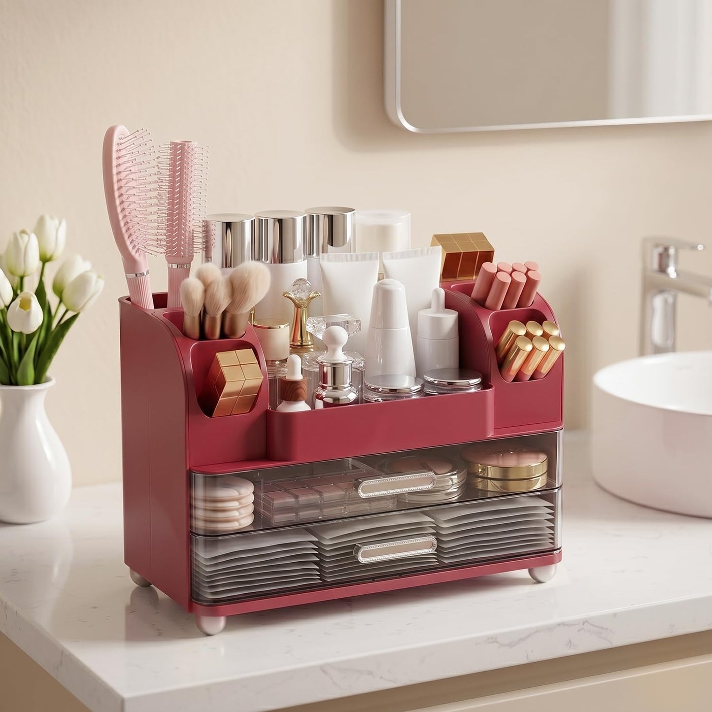 Brothersbox Makeup Organizer for Vanity with 2 Large Drawers and 6 Brush Holders, Large Bathroom Countertop Cosmetic Storage for Skincare, Lipstick, Nail Polish, Perfume, Gift for Women, Red