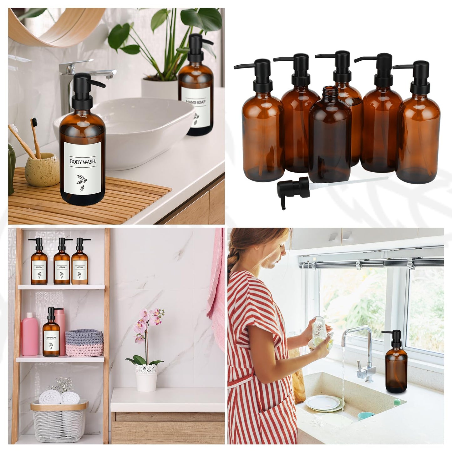 Maxcheck 6 Pack 16 oz Amber Glass Soap Dispenser Bathroom Hand Soap Dispenser with Pump with 16 Pcs Waterproof Labels Funnel Dish Liquid Bottle for Kitchen Bathroom(Plastic)