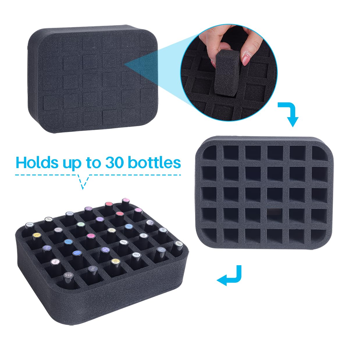 YAHOURWAT Nail Polish Organizer Holder Foam Pad with Slots for Storage 30 Bottles (15ml/0.5fl.oz) Nail Polish or Essential Oil Tray for Drawers Black