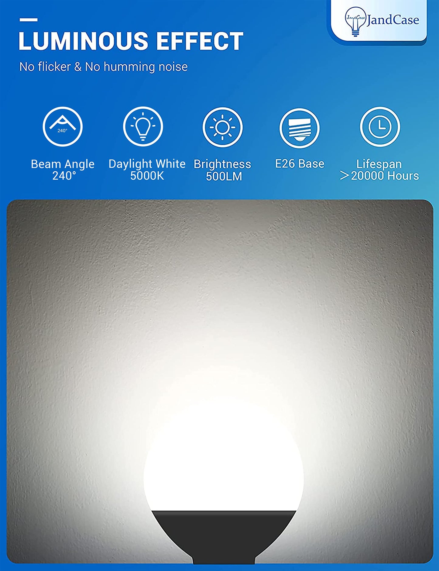 JandCase G25 LED Vanity Light Bulbs, Dimmable Globe, 5W(60W Equivalent), E26 Base, CRI 80, Daylight White 5000K, 500LM, UL Listed, 12 Pack